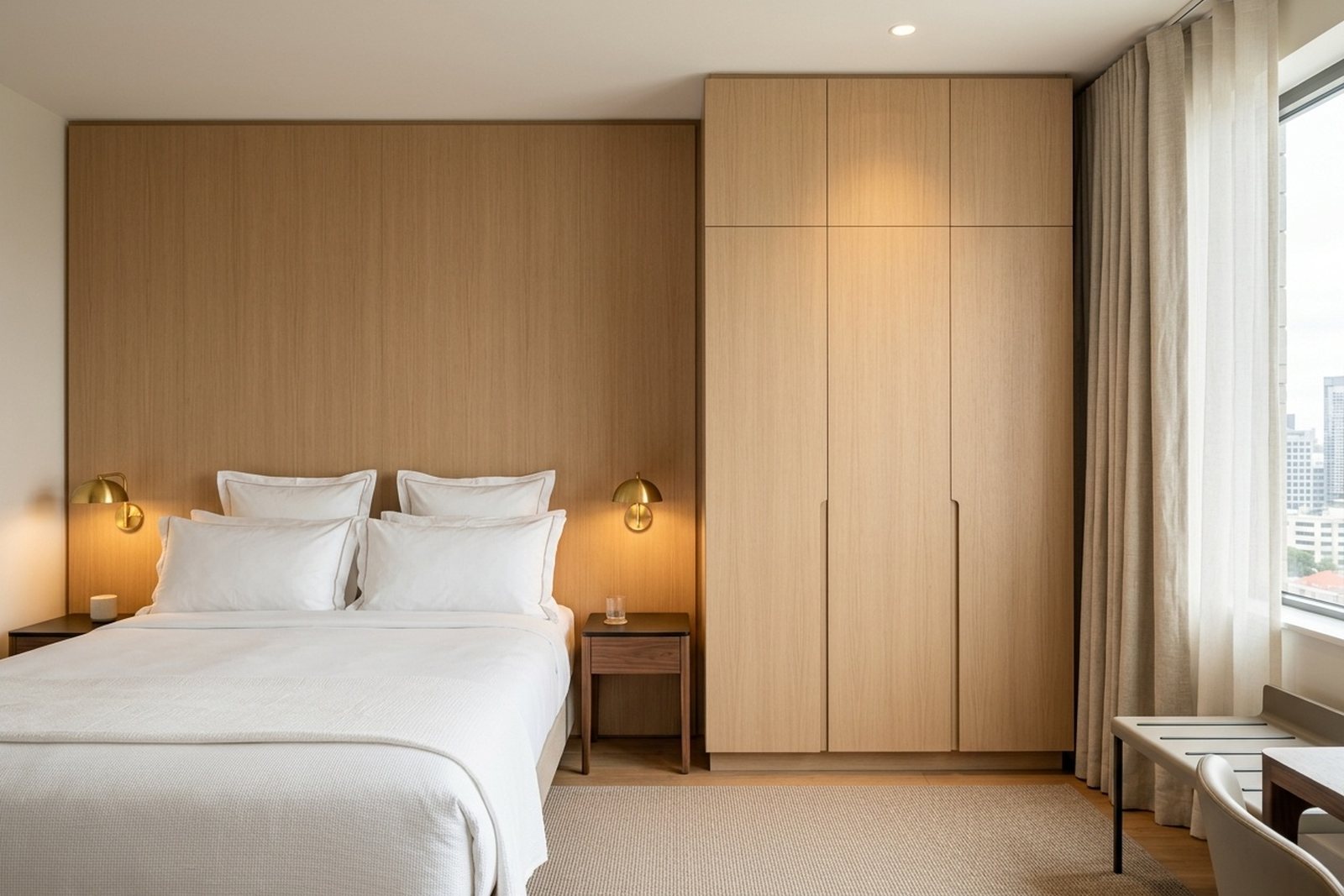 Hotel guest room with the headboard wall and wardrobe finished in Bodaq woodgrain interior film