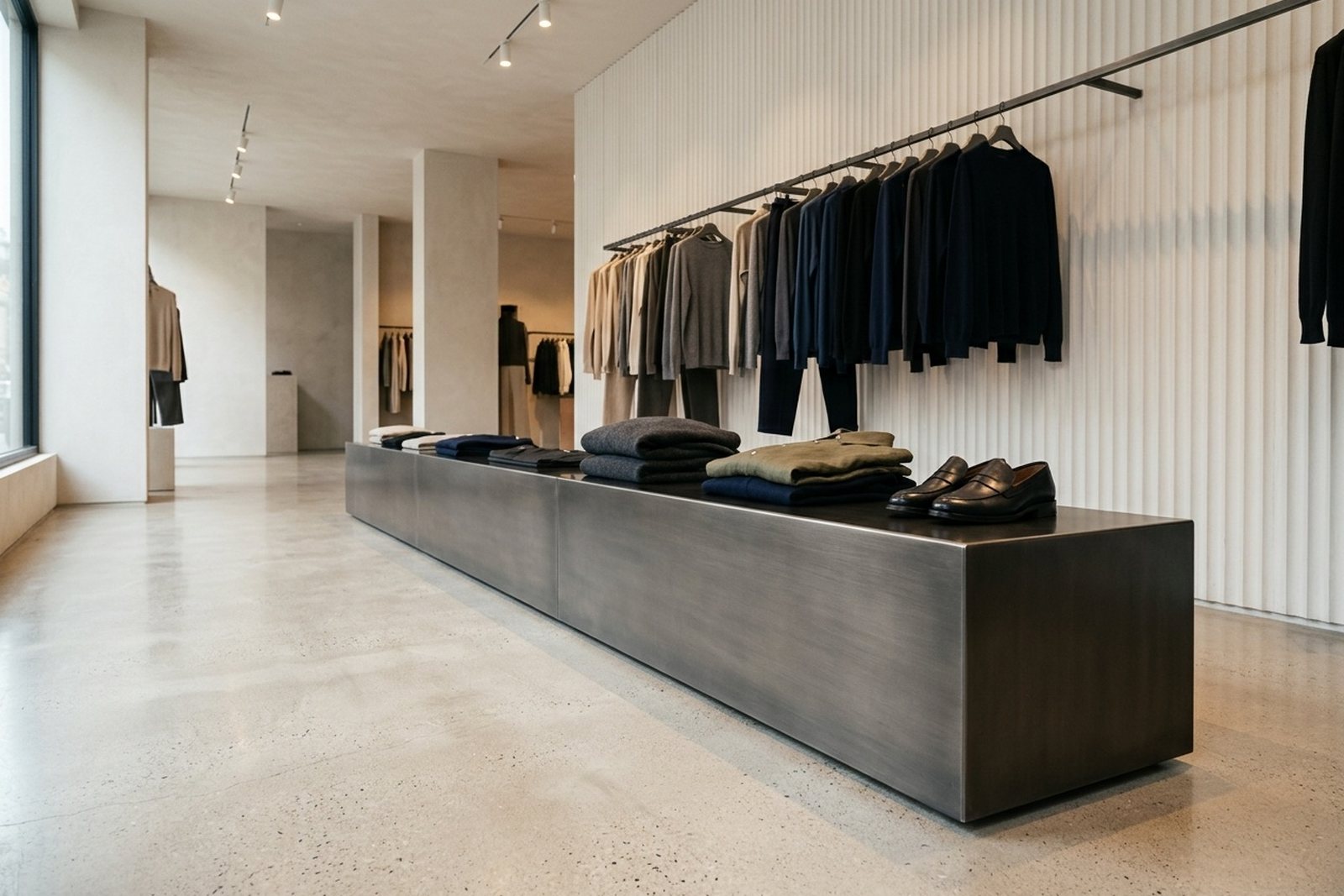 Boutique display plinth wrapped in Bodaq brushed metal interior film